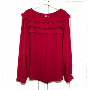 LOFT red long sleeve ruffle & lace cutout blouse -size XL
